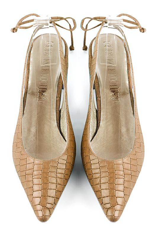 Camel beige women's slingback shoes. Pointed toe. Flat flare heels. Top view - Florence KOOIJMAN